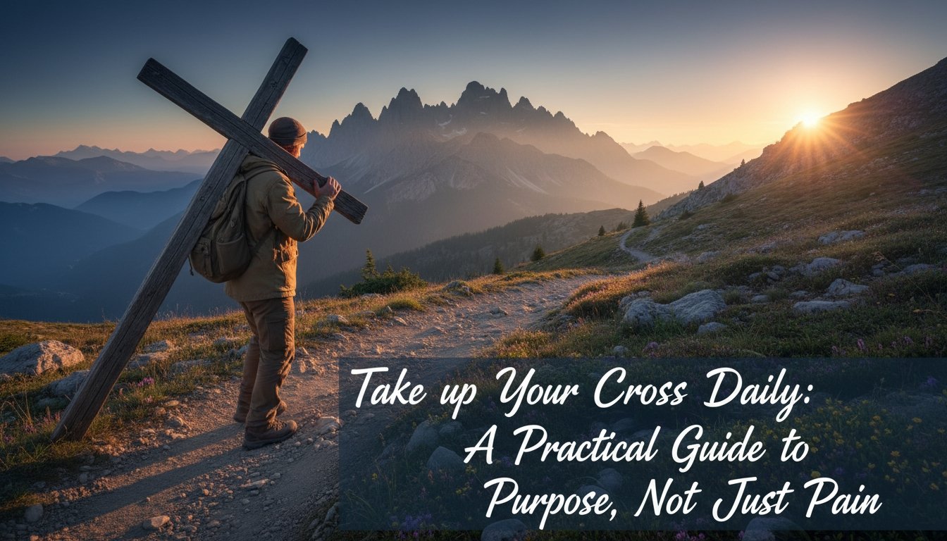 A person carrying a wooden cross on a mountain trail at sunrise, symbolizing faith and devotion in Christianity. Perfect for spiritual growth and religious inspiration.
