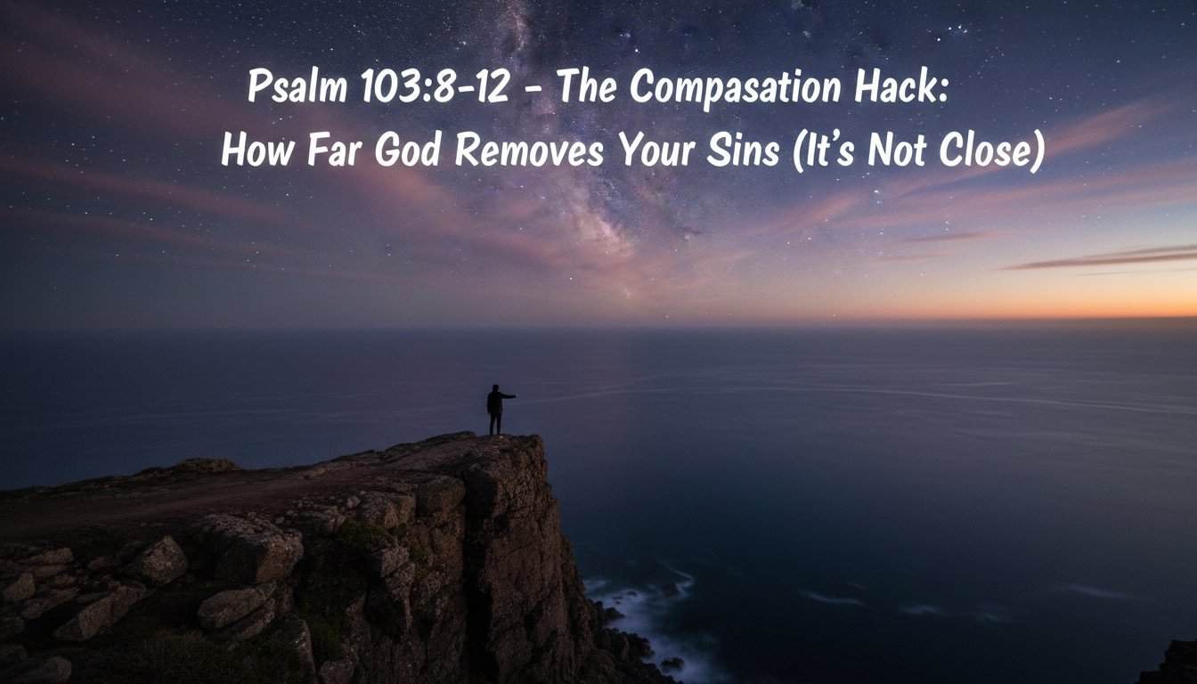 Person standing on a cliff under a starry night sky with the Milky Way, illustrating God's mercy and forgiveness as described in Psalm 103:8-12.