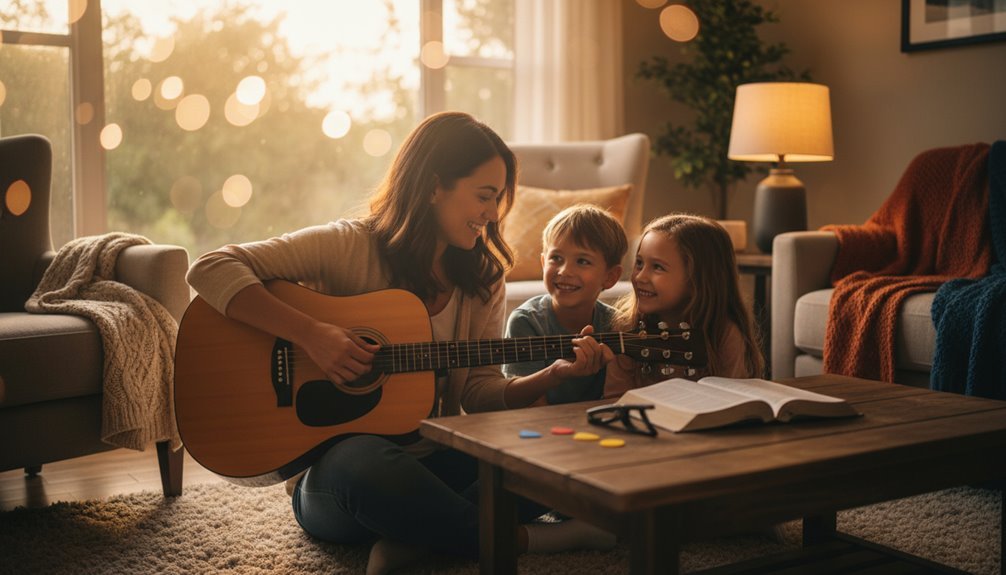 A mother and her two children enjoying a musical moment with a guitar in a cozy living room, creating a joyful and spiritual atmosphere for family bonding and worship.