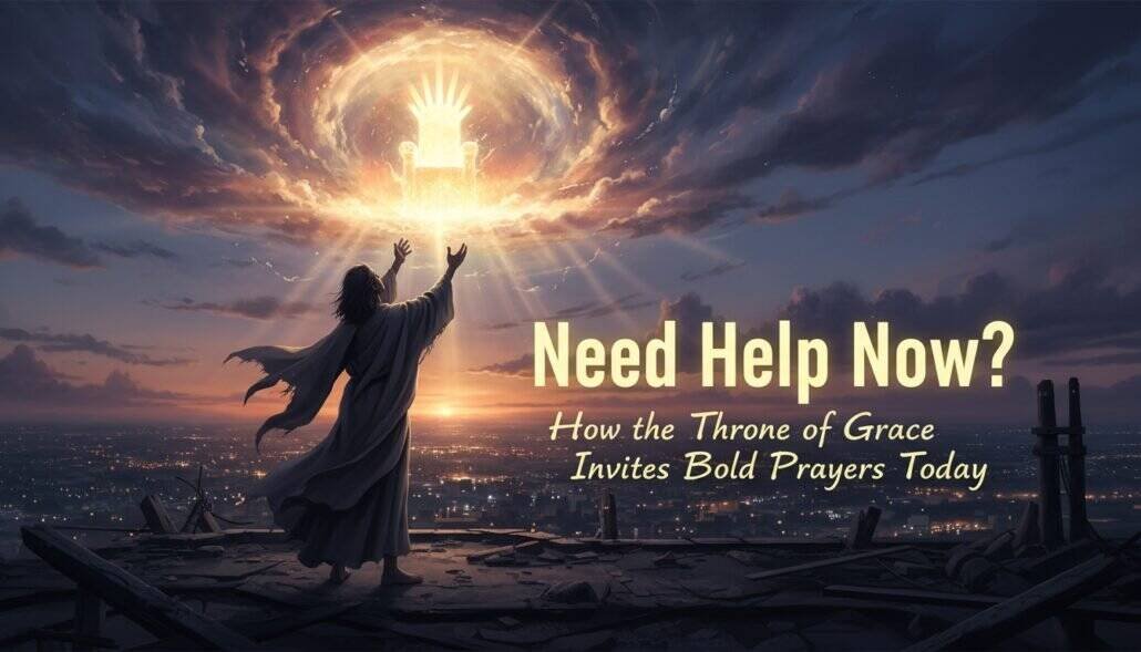 A person standing on a rooftop reaching towards a glowing throne in the sky, symbolizing divine invitation and prayer, with a sunset background.