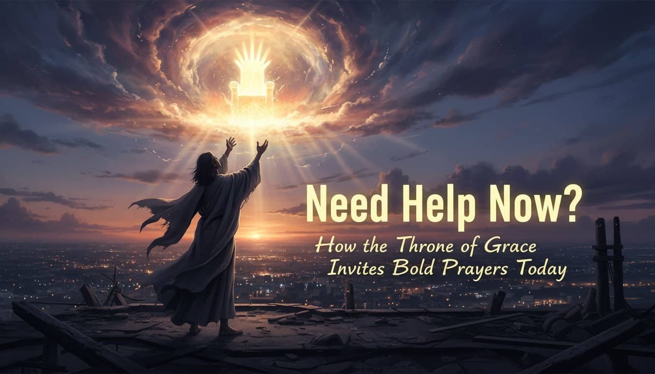 A person standing on a rooftop reaching towards a glowing throne in the sky, symbolizing divine invitation and prayer, with a sunset background.