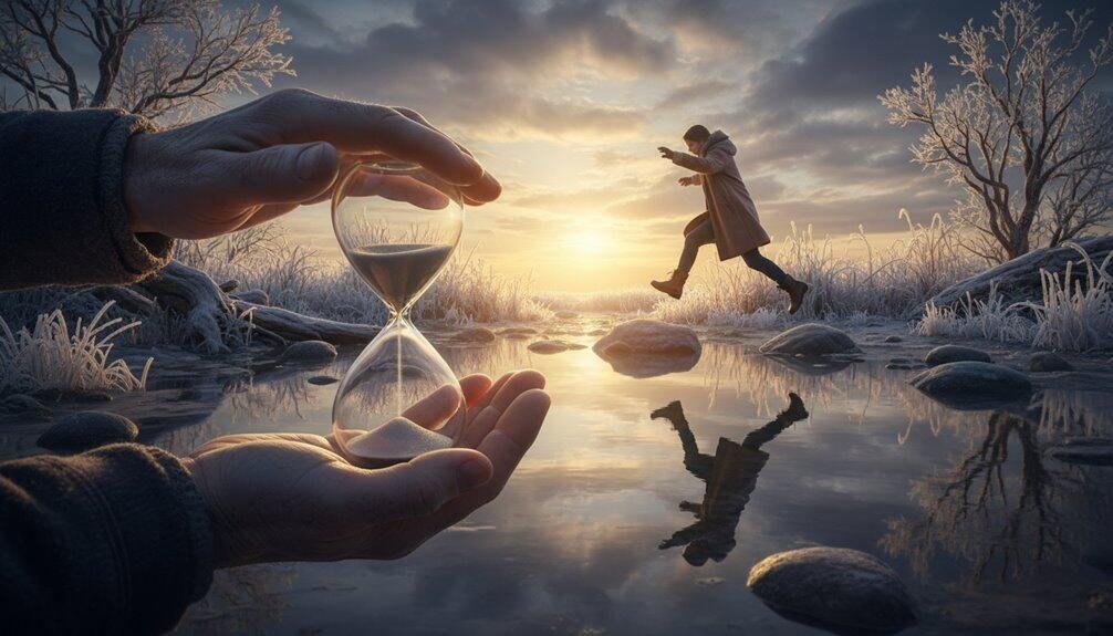 A person holding an hourglass with a child jumping across rocks on a river at sunset, symbolizing faith and patience in God's timing.
