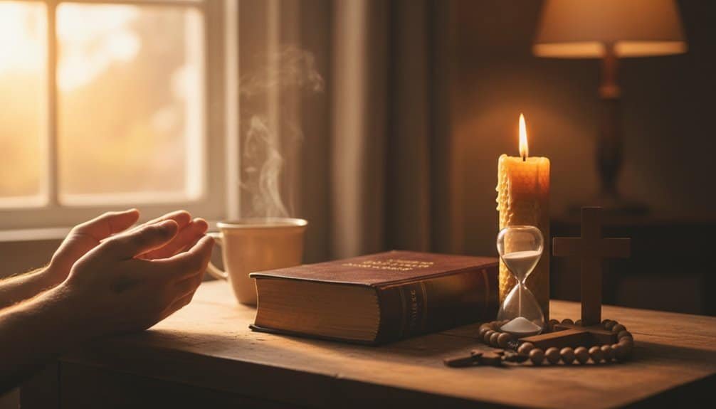 A person praying with a lit candle, Bible, and prayer beads on a wooden table in a cozy, softly lit room, creating a peaceful atmosphere for spiritual reflection.