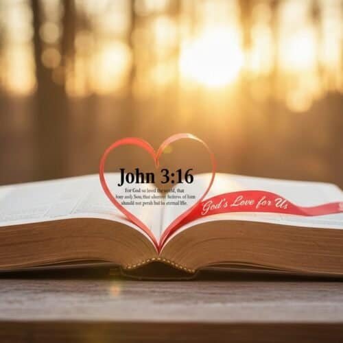 Open Bible with a heart-shaped bookmark displaying John 3:16, set against a warm sunset in a forest, symbolizing God's love and faith.