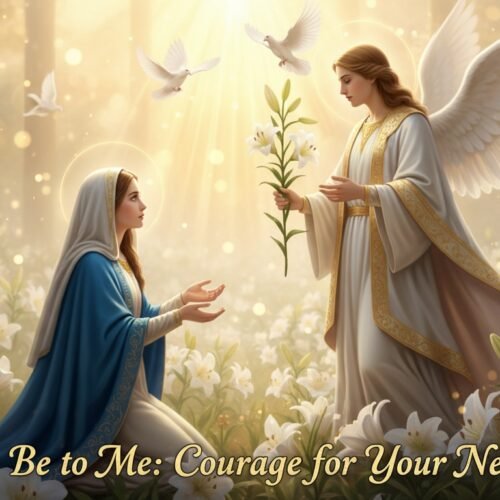 Luke 1:30-33,38 – Let It Be to Me Annunciation Power: Mary’s “Let It Be to Me” Courage for Your Next Yes My Bible Song 2026 Angel and Mary in a luminous garden surrounded by white lilies, with soft sunlight and flying doves, symbolizing faith, hope, and divine guidance.
