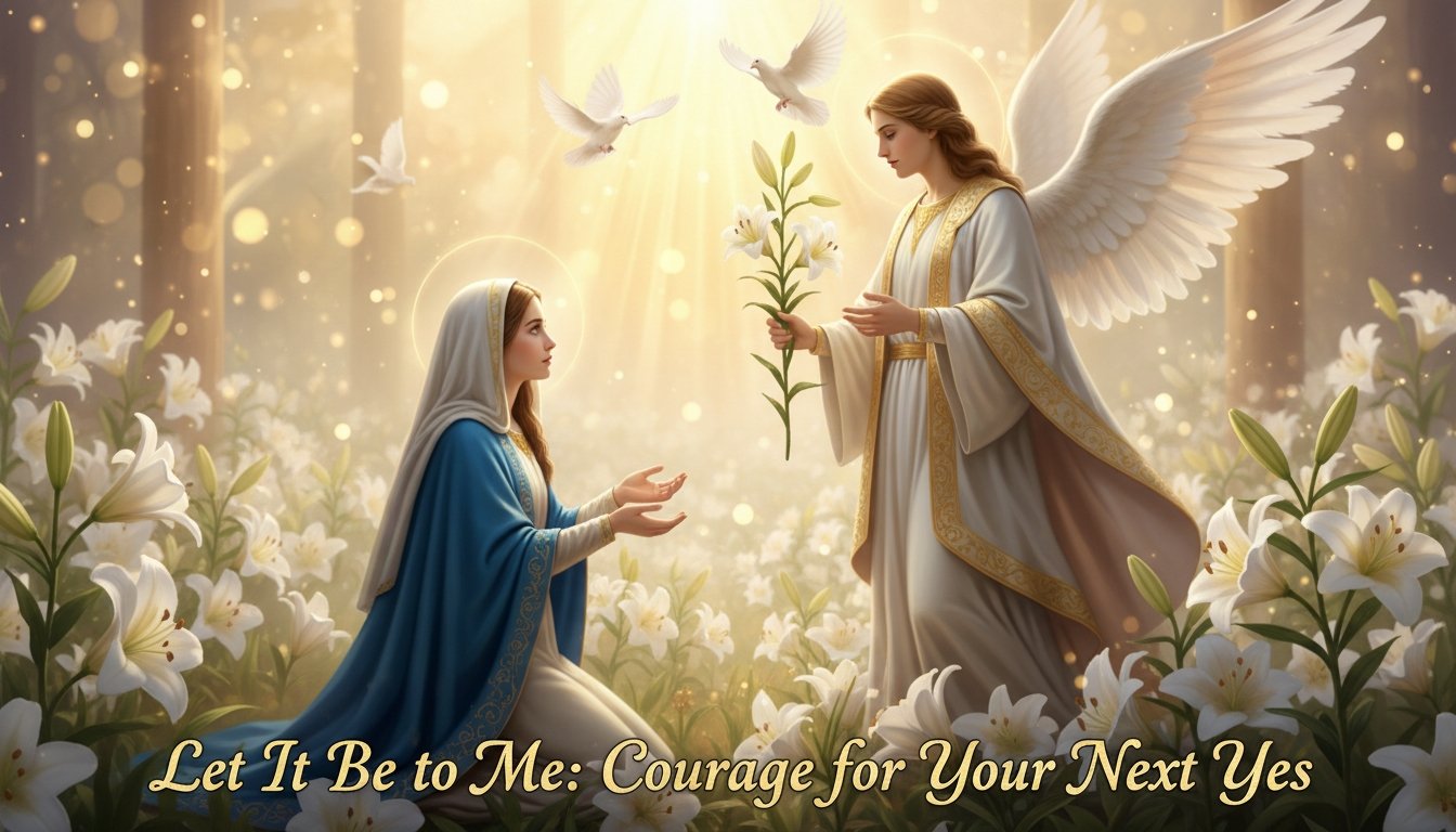 Angel and Mary in a luminous garden surrounded by white lilies, with soft sunlight and flying doves, symbolizing faith, hope, and divine guidance.