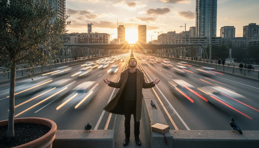 Man praying on city bridge at sunset with busy traffic and city skyline in the background, symbolizing faith and hope amidst urban life.