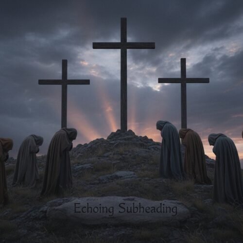 Good Friday Meaning and History My Bible Song 2026 Worshippers praying at the foot of three crosses on Golgotha during sunset, symbolizing the crucifixion of Jesus Christ, with dramatic clouds and rays of light in the background.