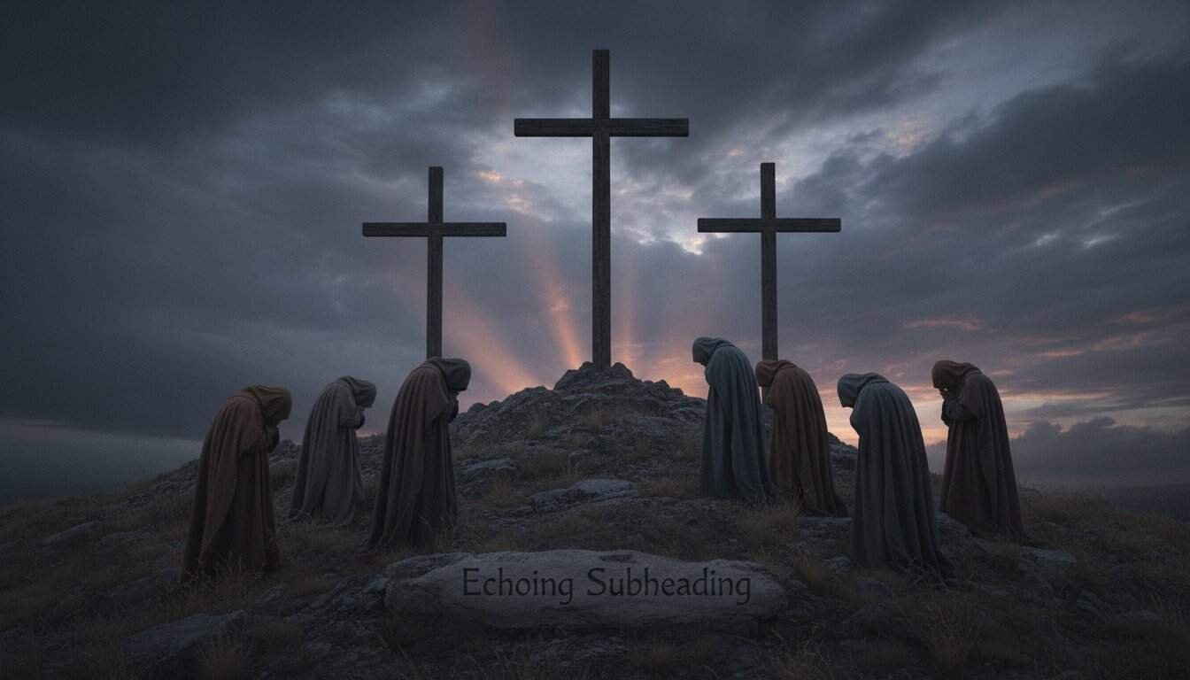 Worshippers praying at the foot of three crosses on Golgotha during sunset, symbolizing the crucifixion of Jesus Christ, with dramatic clouds and rays of light in the background.