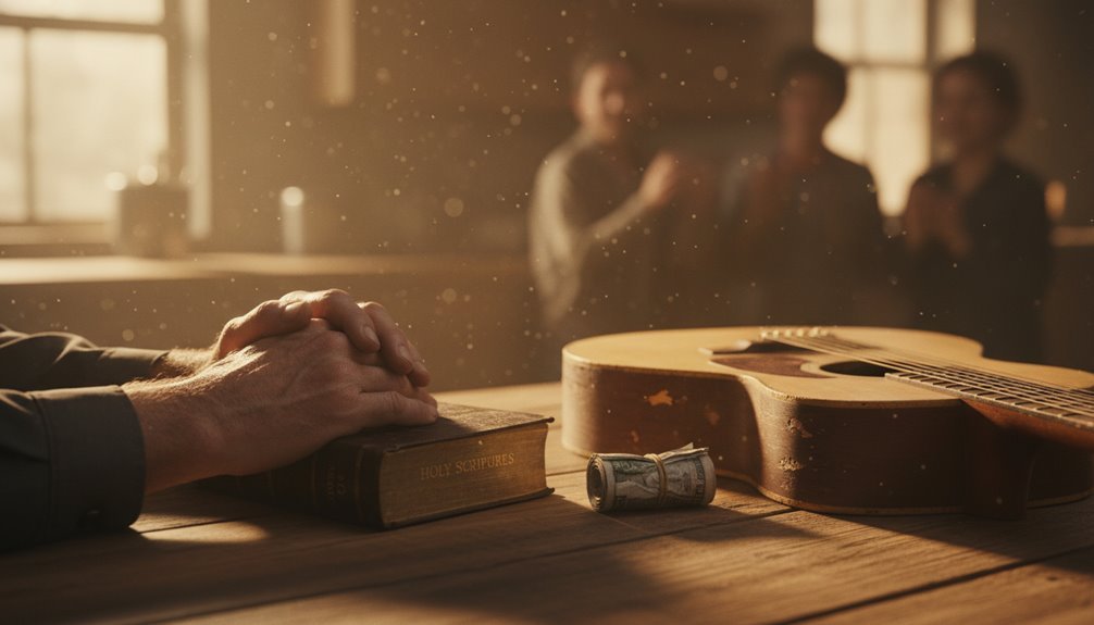 People praying with hands on Bible and guitar on table, sunlight streaming through windows, creating a warm, spiritual atmosphere for worship and reflection.