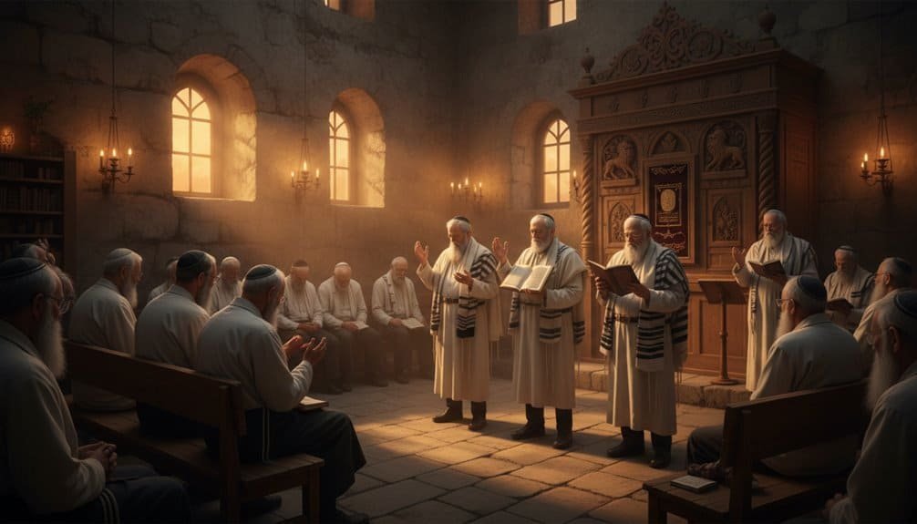 Ancient Jewish Corporate Fasting Traditions Explained My Bible Song 2026 Group of Jewish men participating in a traditional fasting ceremony inside an ancient synagogue, emphasizing communal spiritual practices and historical fasting customs.