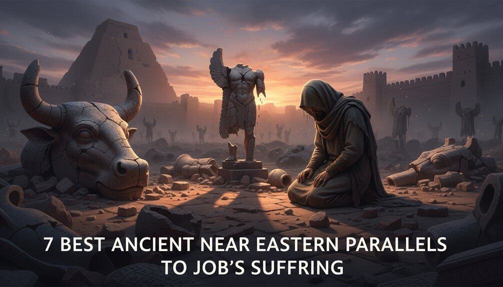 An individual praying amidst ancient ruins and statues, symbolizing biblical suffering and historical parallels.