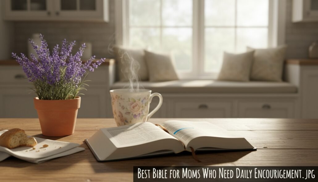 Cozy reading nook with Bible, lavender plant, and coffee, perfect for moms seeking daily spiritual encouragement and relaxation.