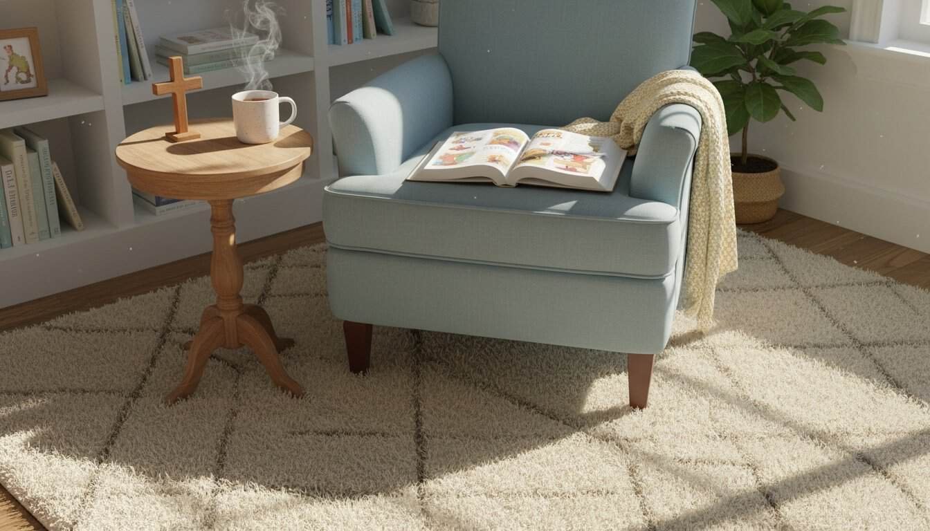 Comfortable armchair with open Bible, cross, and warm blanket in a peaceful reading corner, perfect for young girls to build faith and enjoy Bible stories daily.