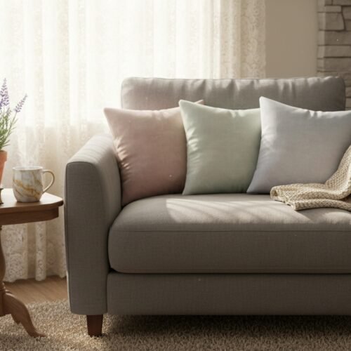 Cozy gray sofa with pastel pillows in a bright living room, ideal for moms to relax and enjoy Bible songs. Perfect for family and devotional moments.