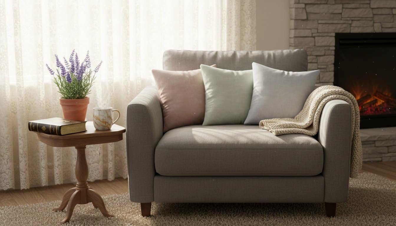 Cozy gray sofa with pastel pillows in a bright living room, ideal for moms to relax and enjoy Bible songs. Perfect for family and devotional moments.