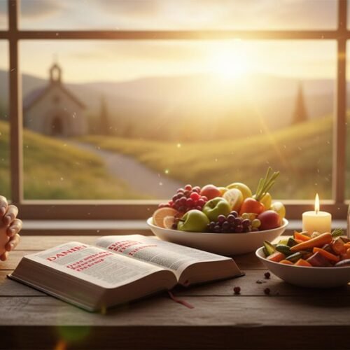 Person praying with hands clasped, open Bible, fruits, and candle on a windowsill during sunrise, symbolizing spiritual reflection and devotion.