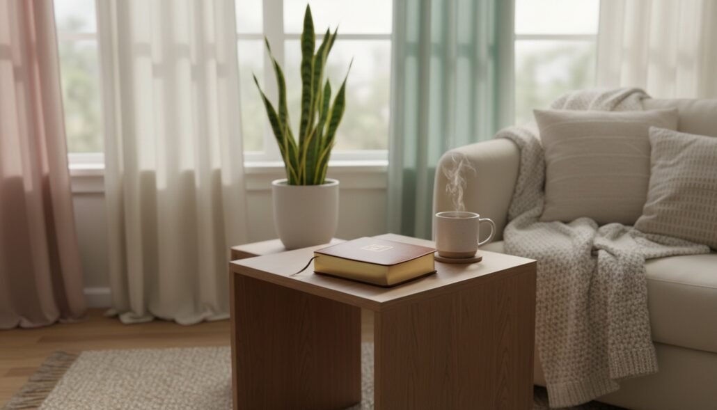 Cozy living room with a white sofa, soft cushions, a wooden side table, a potted plant, and natural light from large windows, creating a relaxing and inviting atmosphere.