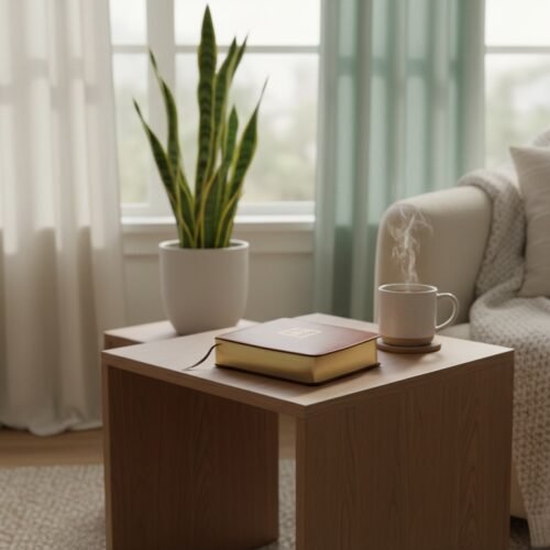 Cozy living room with a white sofa, soft cushions, a wooden side table, a potted plant, and natural light from large windows, creating a relaxing and inviting atmosphere.
