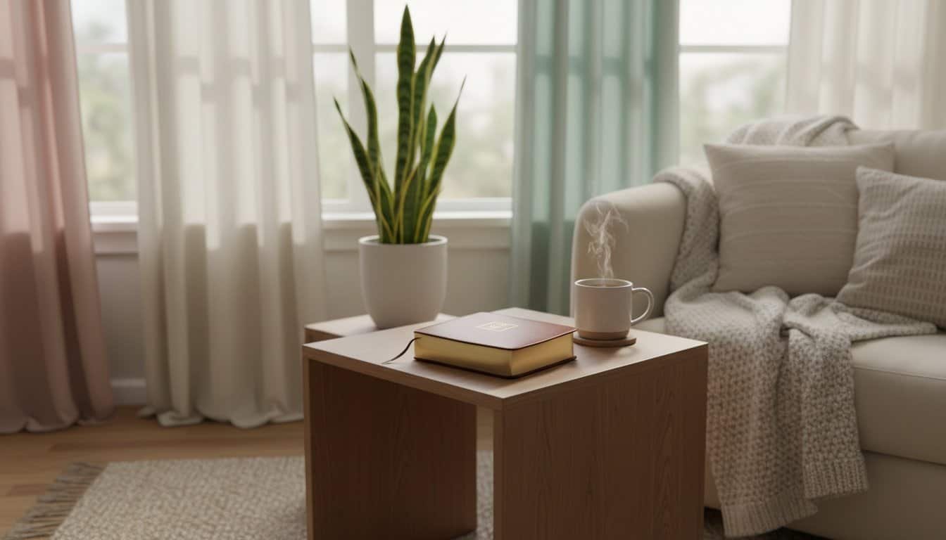 Cozy living room with a white sofa, soft cushions, a wooden side table, a potted plant, and natural light from large windows, creating a relaxing and inviting atmosphere.