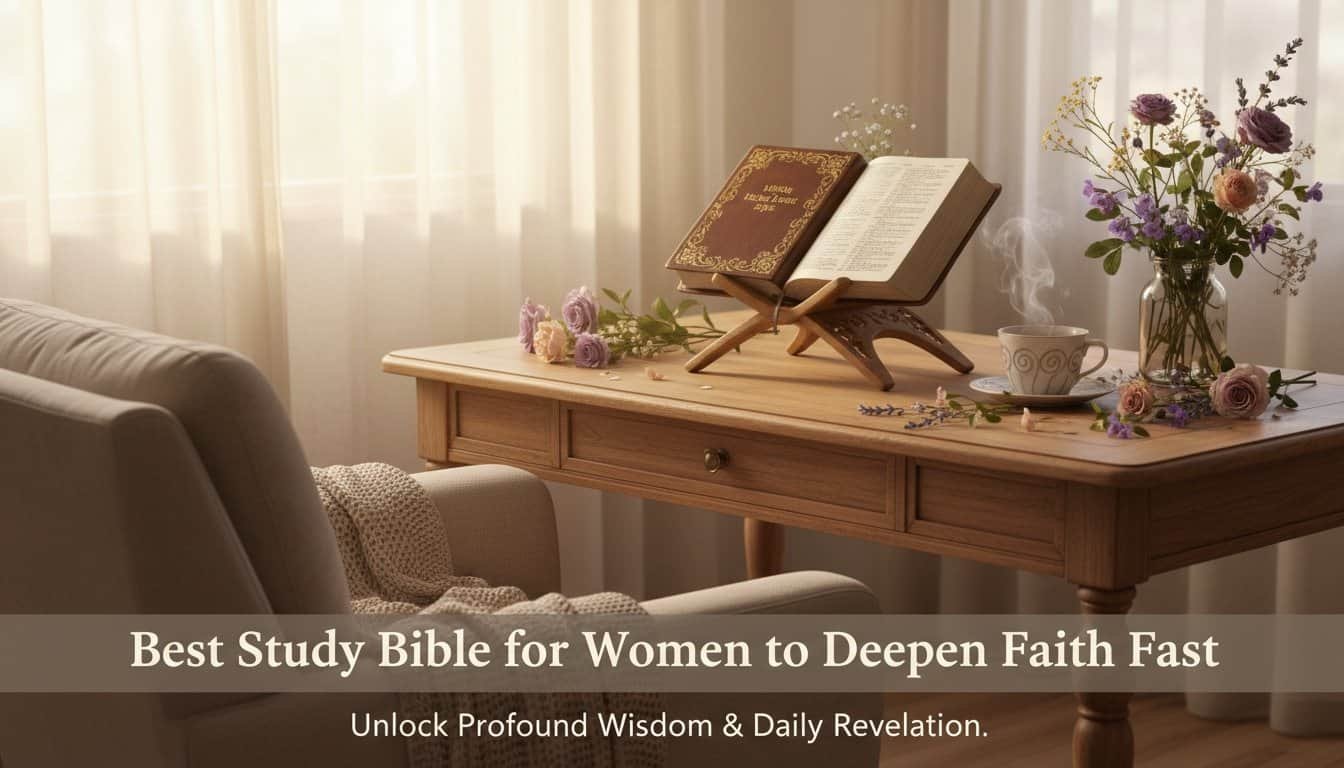 Cozy reading nook with open Bible, flowers, and soft natural light, perfect for women seeking to deepen faith and study scripture daily.