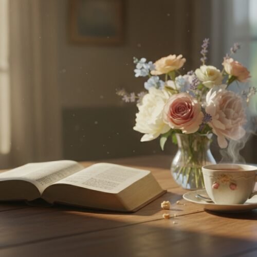 Cozy scene of an open Bible, a cup of coffee, and a vase of fresh flowers on a wooden table, perfect for women seeking spiritual growth, peace, and purpose.