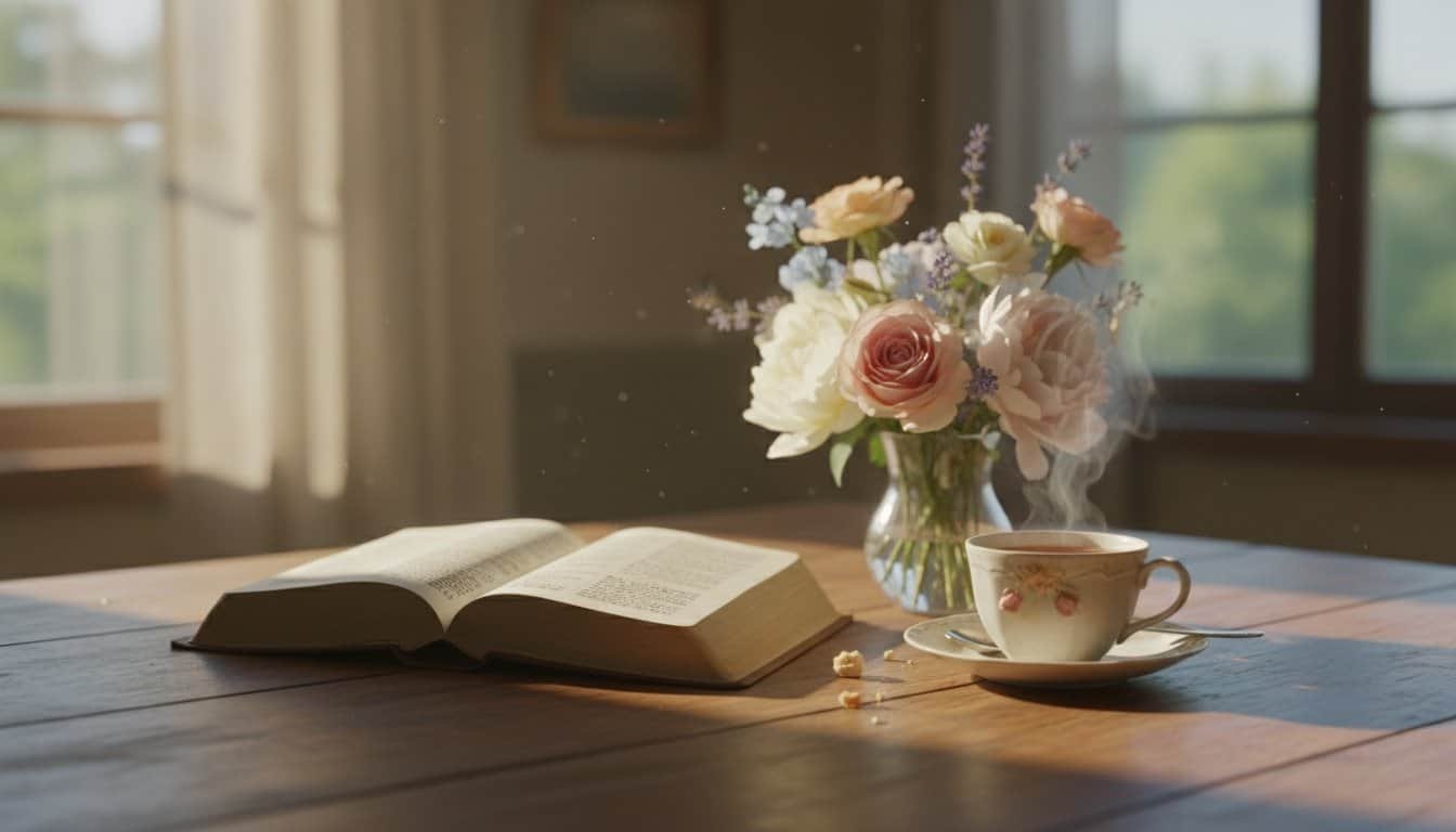 Cozy scene of an open Bible, a cup of coffee, and a vase of fresh flowers on a wooden table, perfect for women seeking spiritual growth, peace, and purpose.