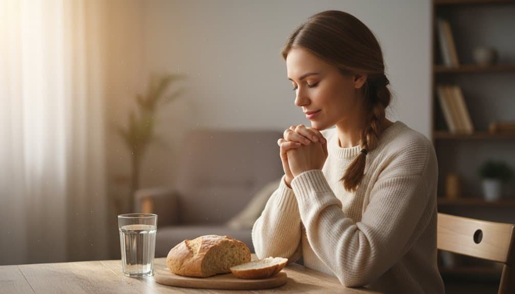 Woman praying with bread and water on table, symbolizing spiritual fasting and prayer for beginners.