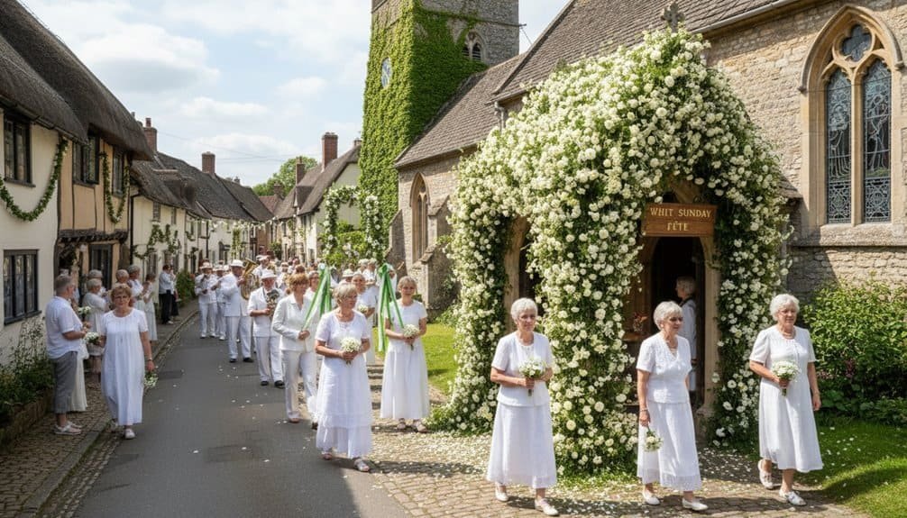 Women participating in a Whit Sunday church procession outside a historic church in the UK, dressed in white, celebrating the Christian holiday with prayer and community.
