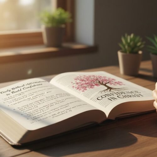 Open Bible with pink flower illustration and prayer hands, symbolizing daily biblical affirmations to build confidence and spiritual strength.