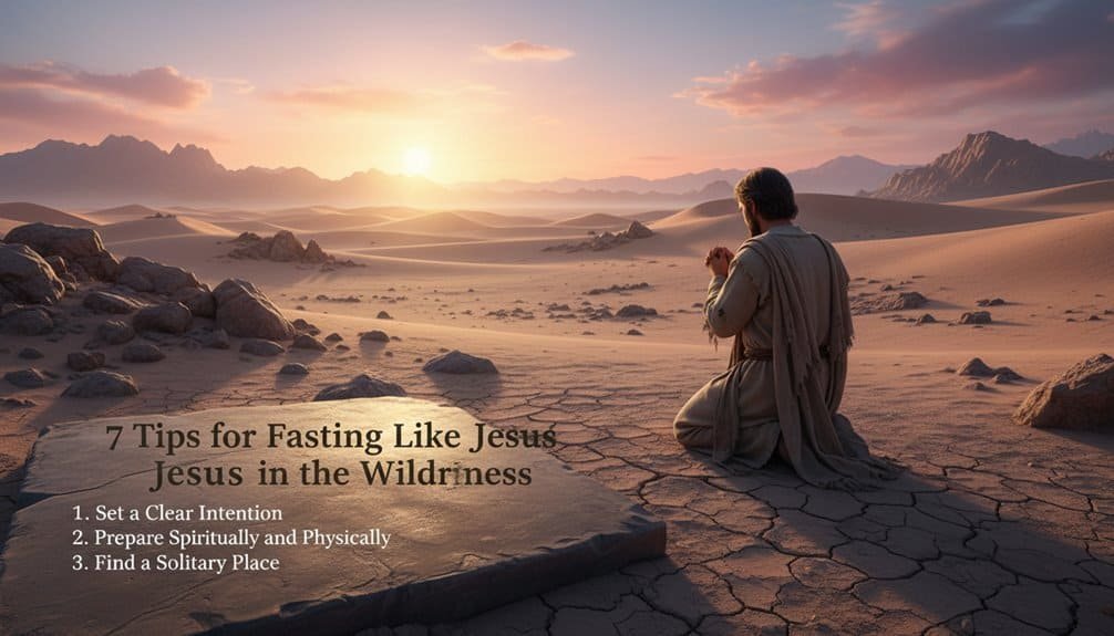 Man praying in desert landscape during sunrise, illustrating spiritual fasting and prayer inspired by Jesus' wilderness experience.