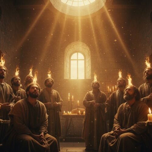 Apostles gathered in the upper room during Pentecost, with divine light shining through the window, symbolizing the Holy Spirit's descent.
