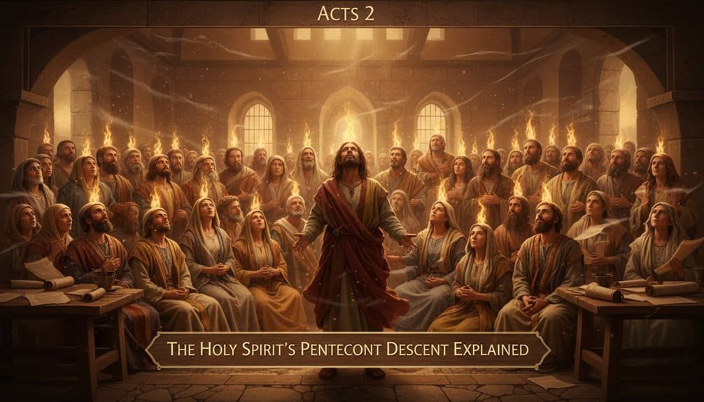 Depiction of the Holy Spirit descending on the apostles during Pentecost, with flames and a radiant glow illuminating the scene inside the early church.