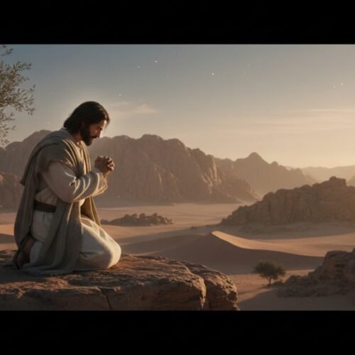 Jesus praying in the desert during his forty-day fast, symbolizing spiritual discipline, fasting, and devotion in Christian faith.