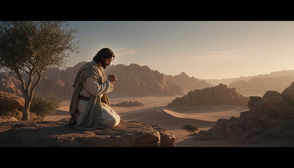 Jesus praying in the desert during his forty-day fast, symbolizing spiritual discipline, fasting, and devotion in Christian faith.