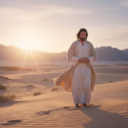 Jesus walking alone in a desert landscape during sunset, symbolizing spiritual reflection and fasting, aligned with the theme of 7 Lessons From Jesus 40 Day Fast.