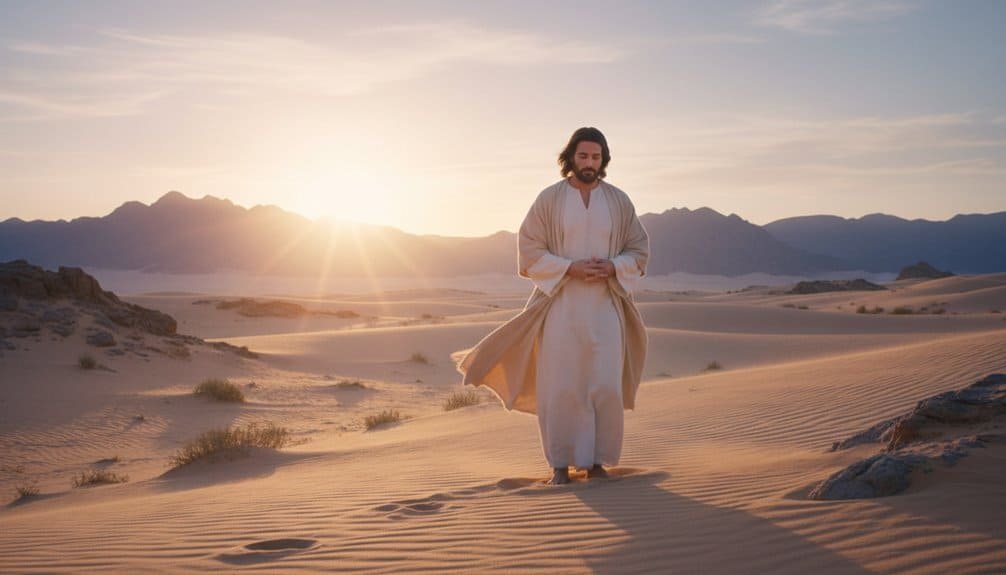 Jesus walking alone in a desert landscape during sunset, symbolizing spiritual reflection and fasting, aligned with the theme of 7 Lessons From Jesus 40 Day Fast.