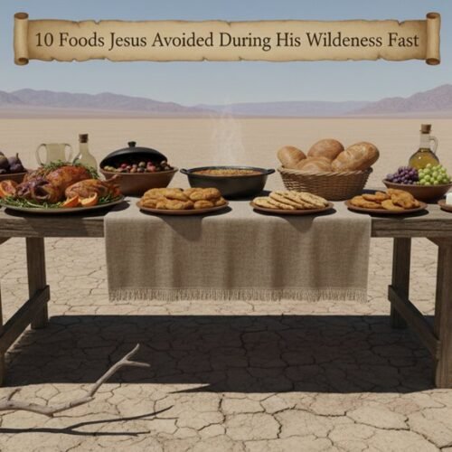Various foods on a desert table representing the 10 foods Jesus avoided during his wilderness fast, highlighting biblical fasting practices and spiritual discipline.