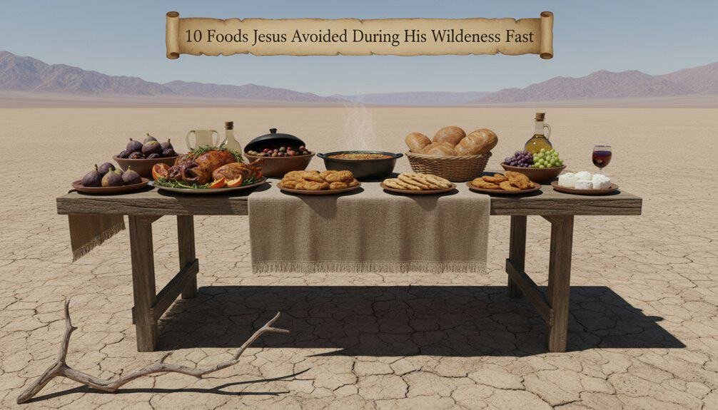 Various foods on a desert table representing the 10 foods Jesus avoided during his wilderness fast, highlighting biblical fasting practices and spiritual discipline.