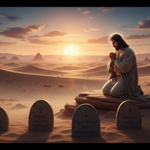 Jesus praying and fasting in the desert during 40 days, symbolizing spiritual discipline and devotion in Christian faith.