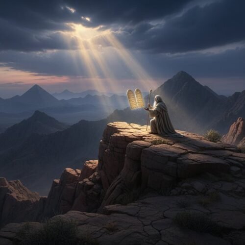 An angel kneeling and praying on a mountain peak at sunset, symbolizing faith and divine connection.