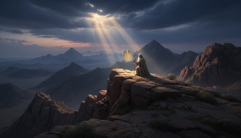 An angel kneeling and praying on a mountain peak at sunset, symbolizing faith and divine connection.