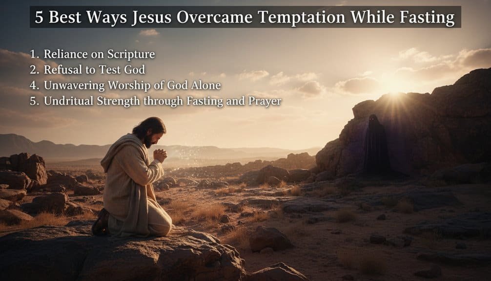 Prayerful woman kneeling in rocky desert landscape at sunset, reflecting spiritual strength and faith during fasting.
