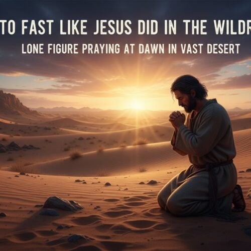 Man praying alone at dawn in a vast desert, illustrating fasting and spiritual devotion inspired by Jesus' time in the wilderness.