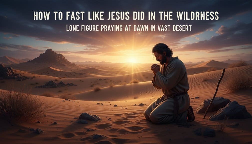 Man praying alone at dawn in a vast desert, illustrating fasting and spiritual devotion inspired by Jesus' time in the wilderness.