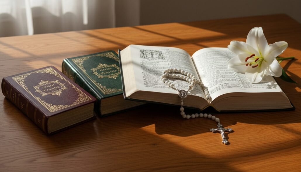 Bible books and a rosary on a wooden table with a white lily flower.