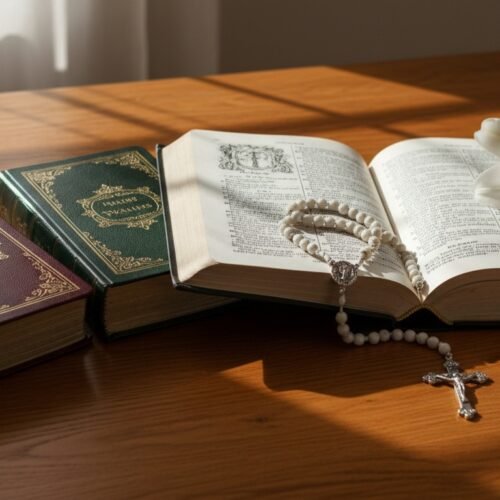 Bible books and a rosary on a wooden table with a white lily flower.