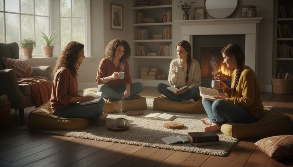 Women participating in a ladies' Bible study group, sitting on cushions in a cozy living room, engaging in discussion and prayer.
