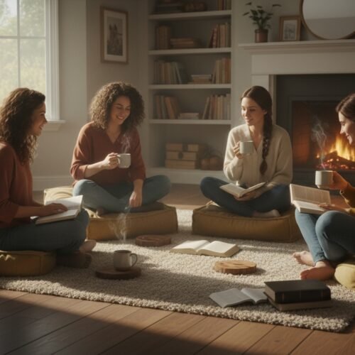 Women participating in a ladies' Bible study group, sitting on cushions in a cozy living room, engaging in discussion and prayer.