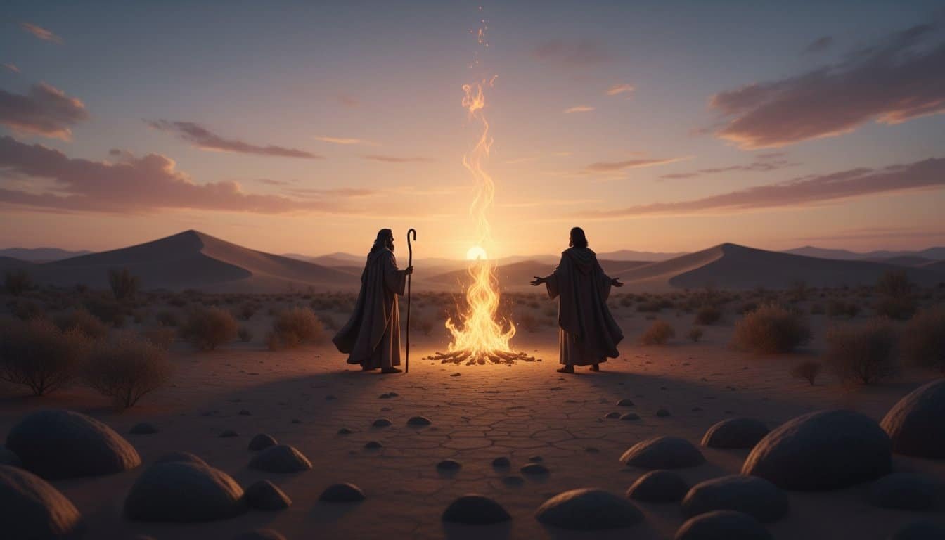 Moses and Elijah appear during a divine theophany at sunset, with a fiery cloud between them, symbolizing God's presence and revelation in the desert landscape.